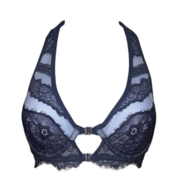 NWT Thistle and Spire Bralett Halter back Denim blue color strappy lace size 32B - Picture 2 of 9